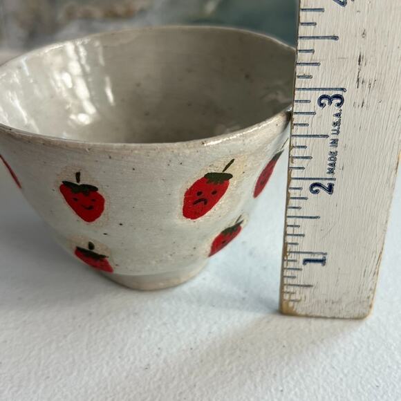 Studio Art Pottery Ceramic Matcha Bowl Hand Painted Strawberries Unique Gray - Picture 8 of 10